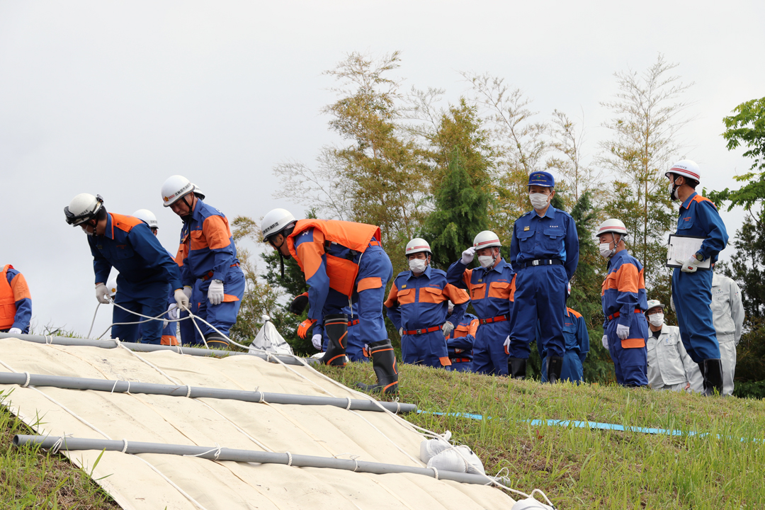 シート張工を視察する津谷市長